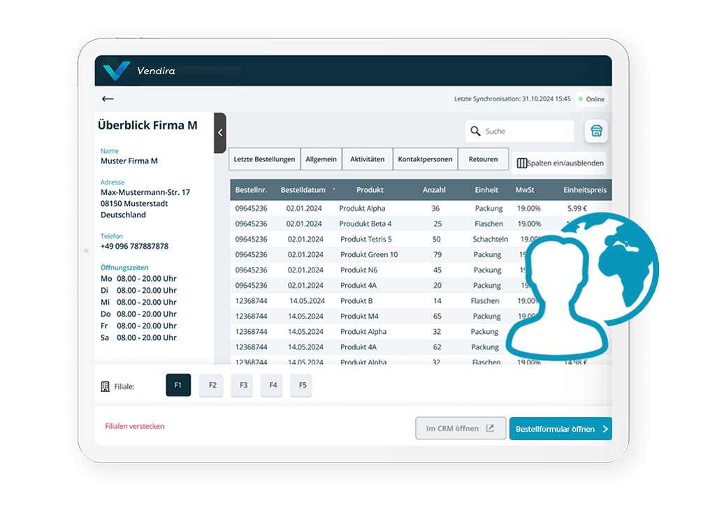 Kundendatenübersicht mit Bestellverlauf in Vendira – CRM-Integration für strukturierte Kundenhistorie direkt auf dem Tablet